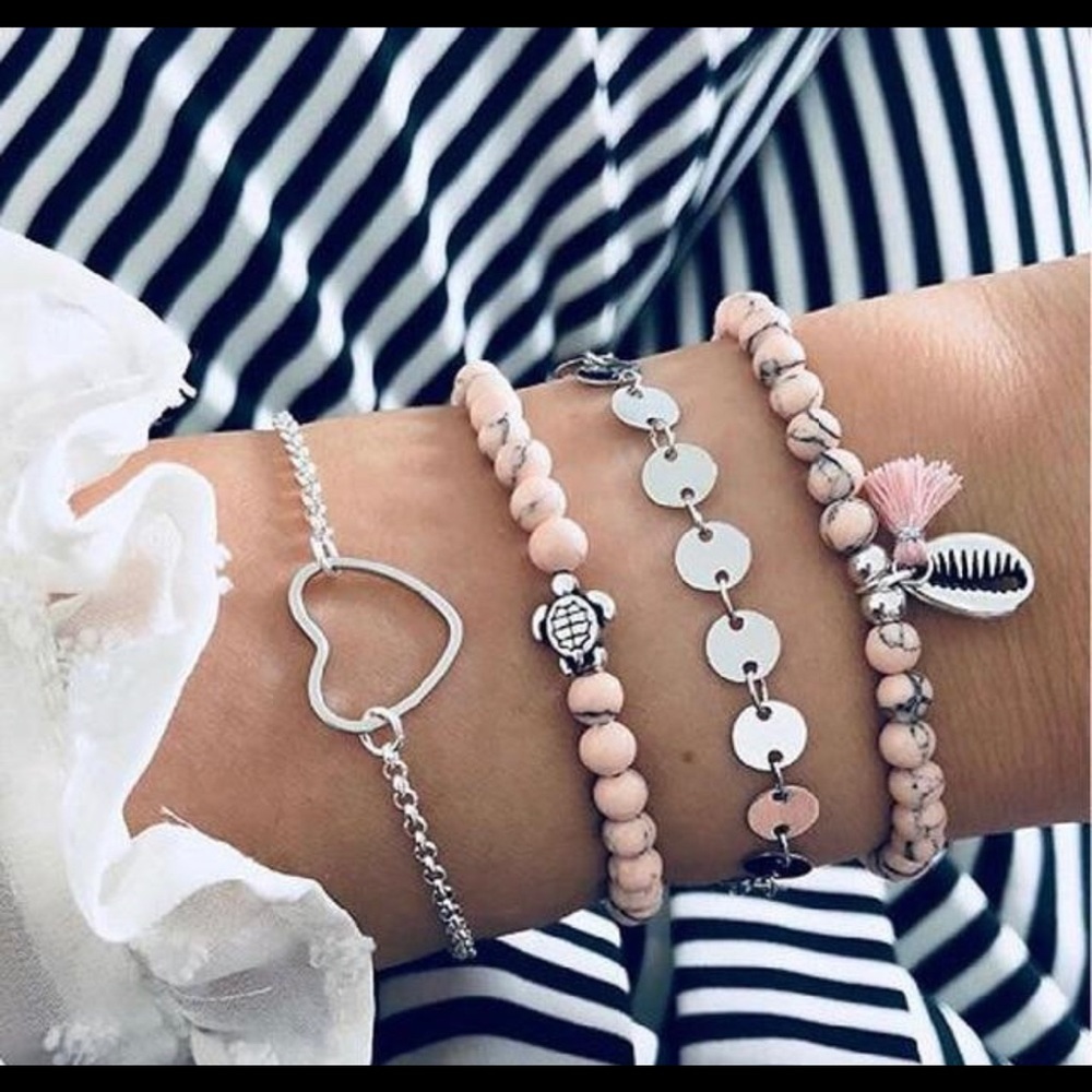 Pink Turtle Tassel Boho Bracelet Set